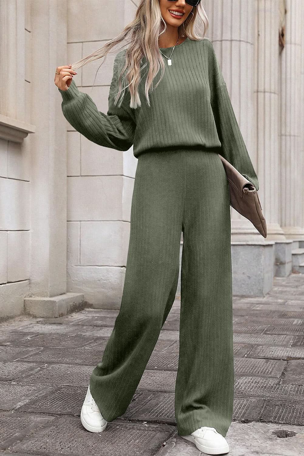 Laurel Green Solid Ribbed Knit Keyhole Back High Waist Jumpsuit - Love Salve